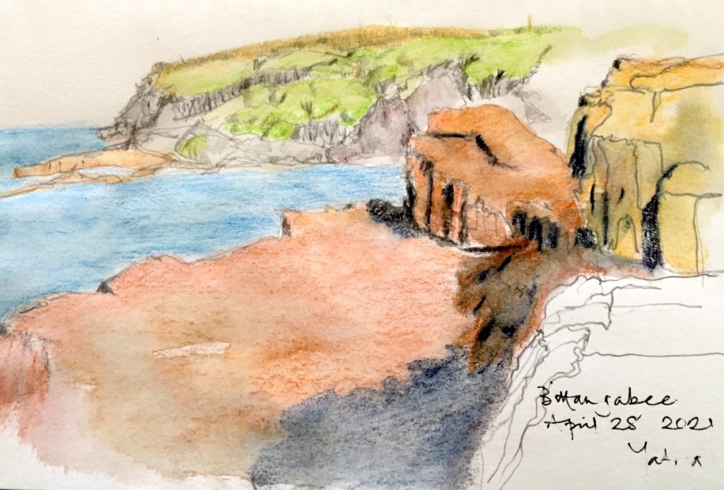 Far South Coast Yatra 2021

Dawning day so full of promise, air sun kissed from the cold of night.
We pilgrims circled hushed expectant, where poet’s words drift like smoke.
The land is ancient, from dreamtime on the old ones sang to keep it whole.
The journey starts in silent file, through forest blackened where no birds sing.
But nature’s strong it will not yield, from earth and tree new life does spring.

With snakelike twists the path goes on, rises up and falls away, to open out where forest meets sea.
We rest awhile to eat and drink, nourished by the midday sun, then ford the stream and journey on, where path is lost in thick regrowth, but found again with markers shown.
It breaks upon a clifftop edge that gives a gift of coast and bays, that stretch as far as eye can see, a a land untouched by settlers’ hands.

With careful step to rocks below, a beach that lures the brave to frolic naked in the waves.
The path now leads along the shore, where footprints vanish with ebb and flow.
We reach the rock some call the whale, where hidden by the dunes behind, a boat awaits for journeys end, to cross the lake of glittering light. 

by Phil Pronger